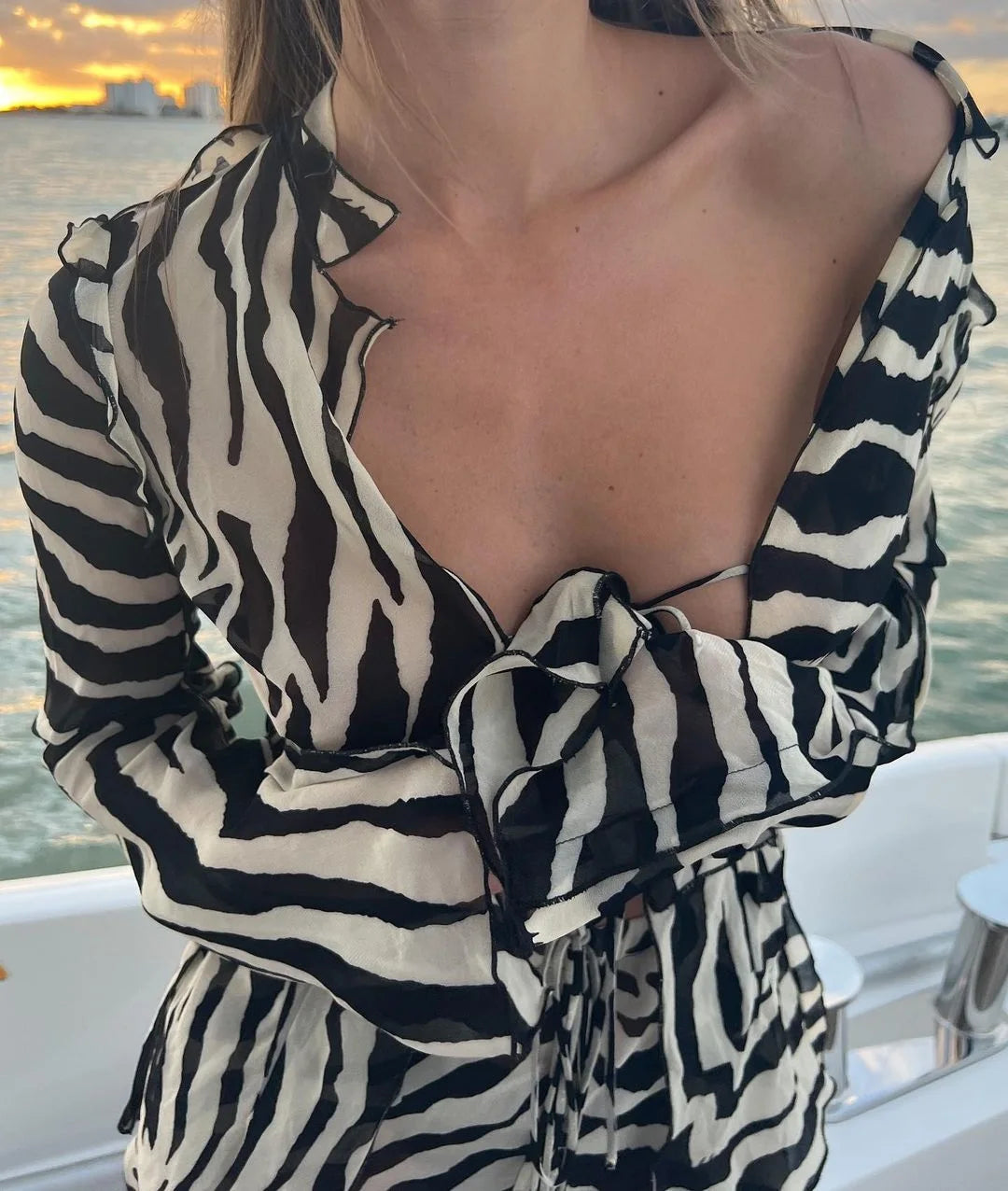 Cryptographic Animal Print Mesh Sheer Stripe Tie Front Detail Top Matching Sets Fashion Outfits 2 Piece Sets Holiday Beachwear