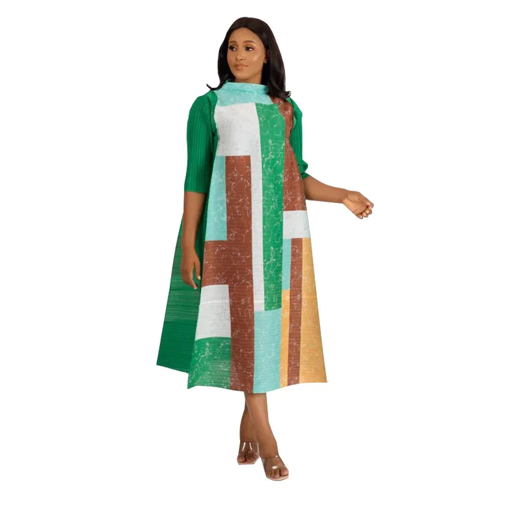 African Dresses for Women Summer Fashion Style African 3/4 Sleeve Polyester O-neck Pleated Dress Dashiki African Clothes Women