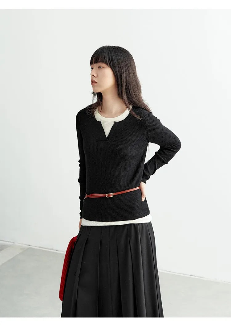 Super Comfortable to Wear~ 2025 Autumn and Winter New Style Faux Two-Piece Knit Sweater for Women, High-End Wool Sweater Top