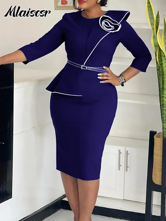 Mlaiscsr Fashion African Mid Dresses with Belt Women 3D Flowers 3/4 Sleeve O-neck Party Evening Office Lady Bodycon Vestidos