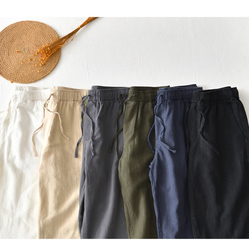 70% Linen,30% Cotton Men's Drawstring Elastic Waist Casual Pants, Straight Loose Ramie Trousers, Camping Fishing Comfortable