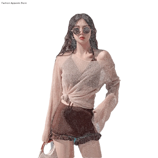 Beachwear Ruffles Bikini Set Slim Fit Lace-up Long Sleeve Swimsuit Sun Protection Transparent Pullover 3Pieces Set Swimwear