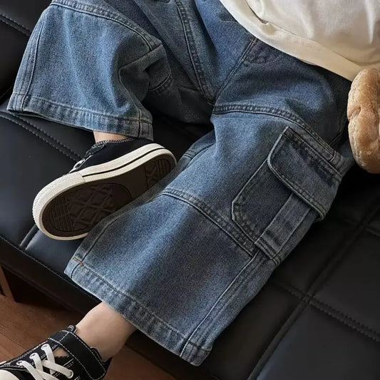 Boys Jeans Korean Style All-match Loose Cargo Pants Kids Fashion Brand Mid-small Children Autumn Casual Straight Pants Spring