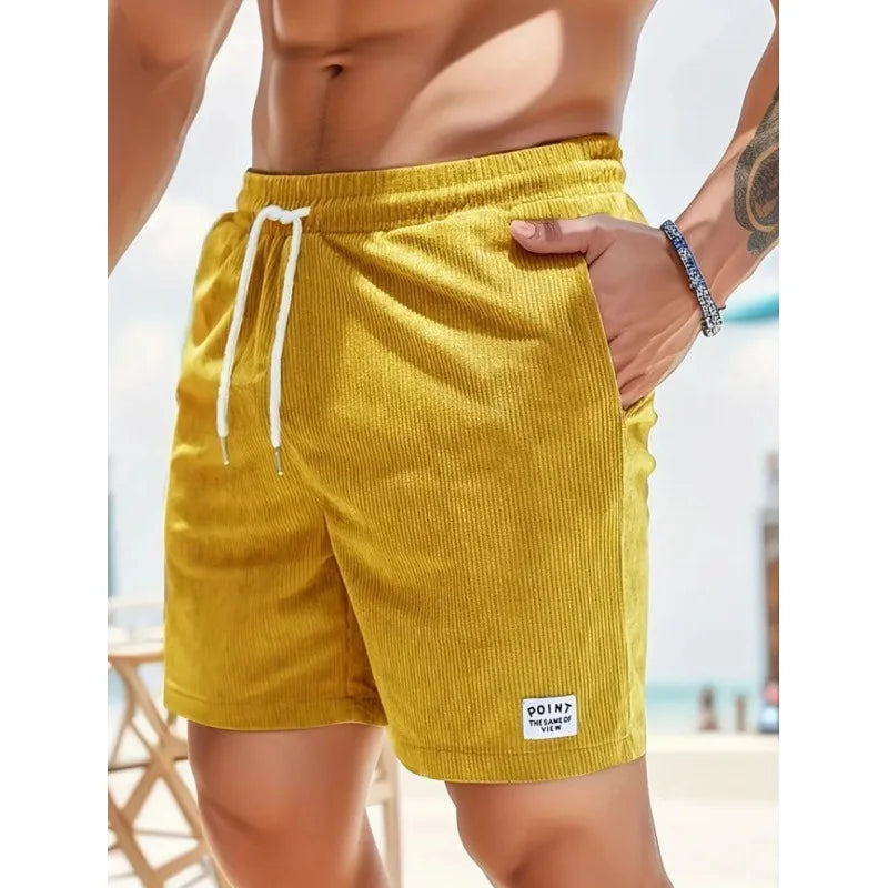 Men's Workwear Shorts Summer Casual Corduroy Loose Elastic Waist Multi-Pocket Leisure Pants Embroidery Retro Style Male Trousers