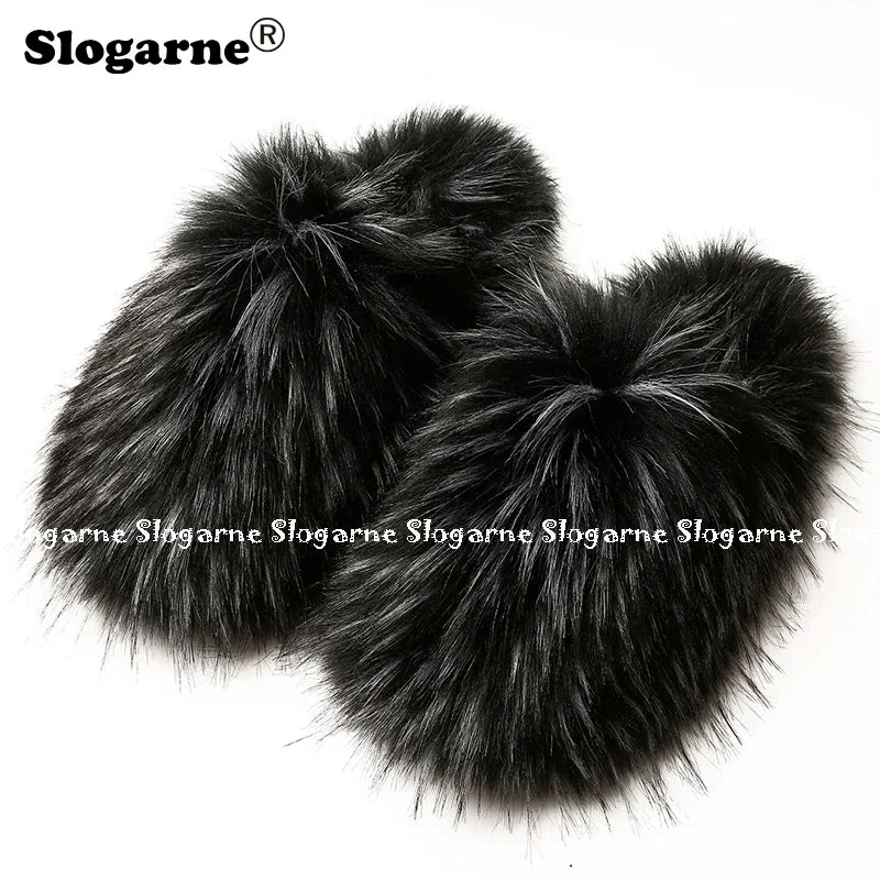 Ladies Winter High Quality Fox Fur Slippers Women Warm Fur Slides Girls Luxury Furry Slippers Soft Comfortable Home Cotton Shoes