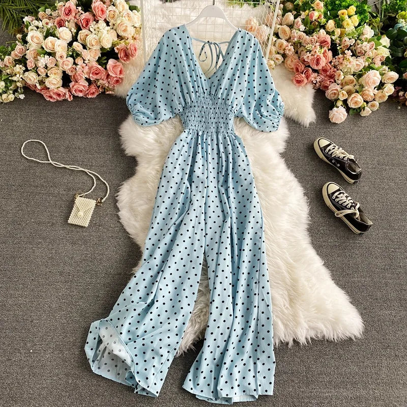 V Neck Sexy Dolman Sleeves Waist Slim Floral Print Jumpsuit Women Wide Leg Trousers Jumpsuit
