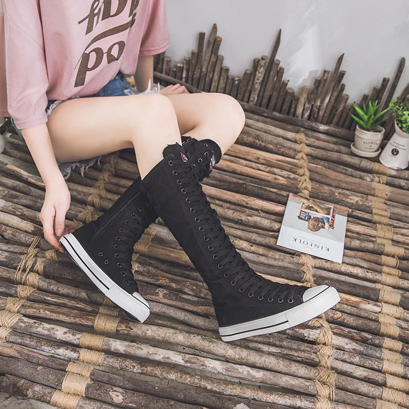 New Women's Canvas Boots Zip Shoes Comfortable Womens Shoes Flat High-top Female Sneakers Lace-up Knee-high Boots Bota Feminina