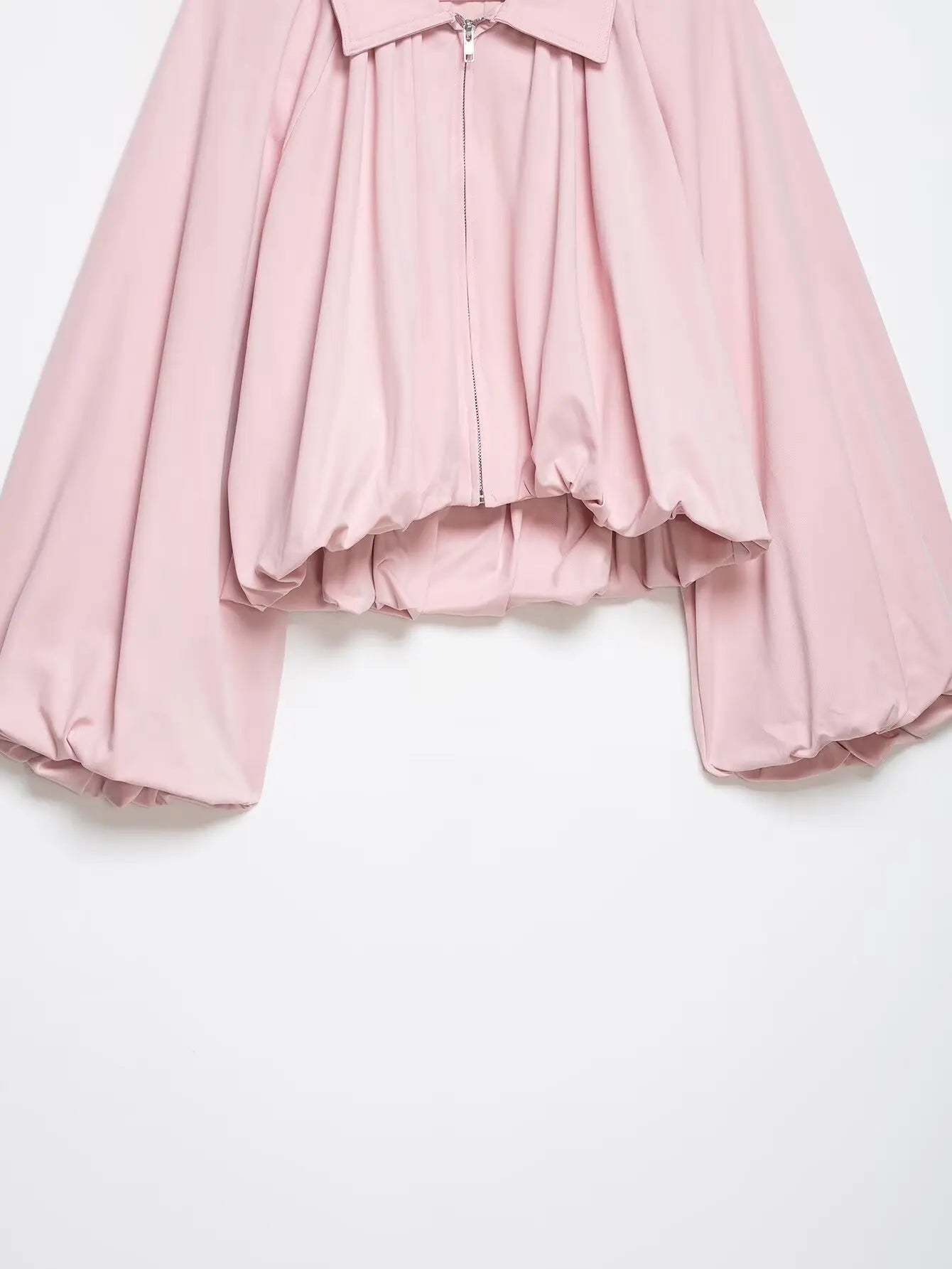 YENKYE New 2026 Women Pink Puff Sleeve Pleated Bomber Jacket Front Zipper Casual Loose Crop Coat