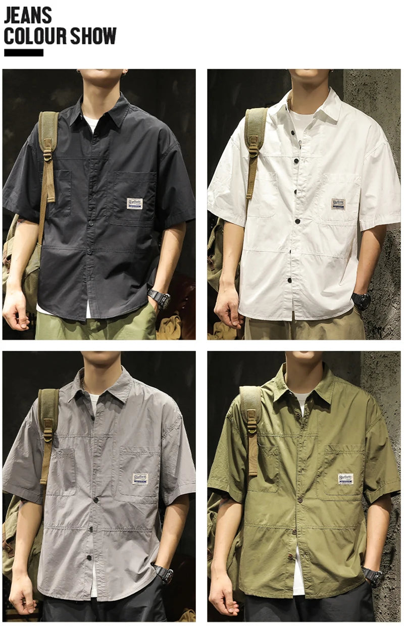 American Casual Short Sleeve Shirt For Men Summer Fashion Comfortable T-shirt 2026 New High Street Plain Lapel blouses hombre