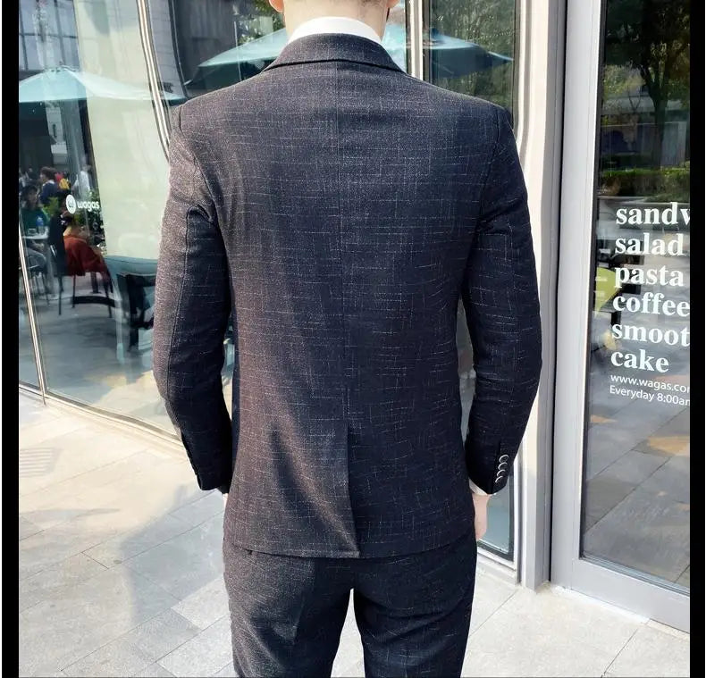 2023 Men's British Fashion Three-piece Set Slim Fit Suit Vest Trousers Ensemble Handsome Trendy All-in-one Banquet Blaze
