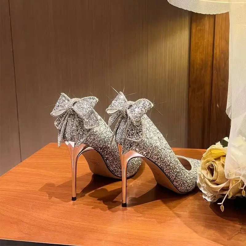 Shoes for Woman 2025 Stilito Silver Women's Summer Footwear Wedding Bride Shoe Rhinestone Pointed Toe Super High Heel Diamond 39