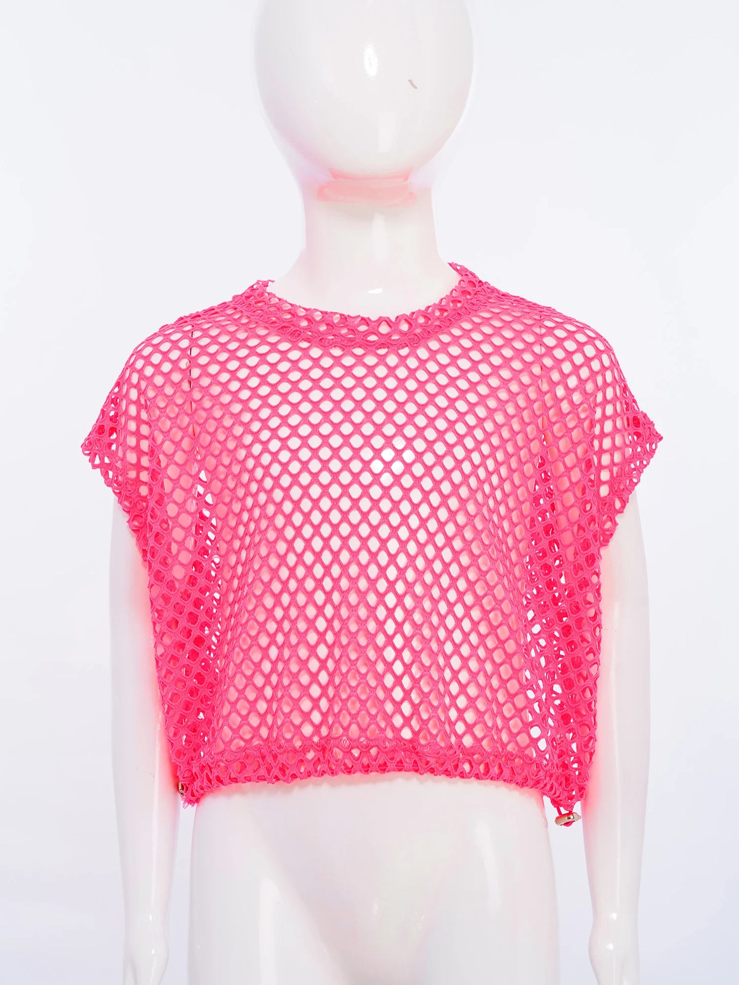 Kids Girls Fishnet Crop Tops T-shirt Casual Summer Short Sleeve See-Through Mesh T Shirt Female Hip-Hop Street Dance Clothing
