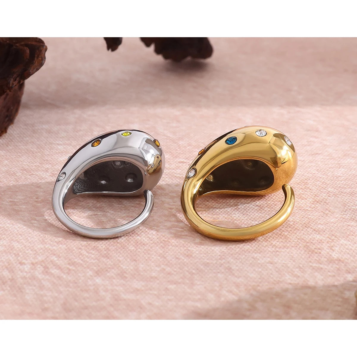 YACHAN 18K Gold Plated Glossy Chunky Stainless Steel Rings for Women Chic Colorful Crystal Statement Jewelry