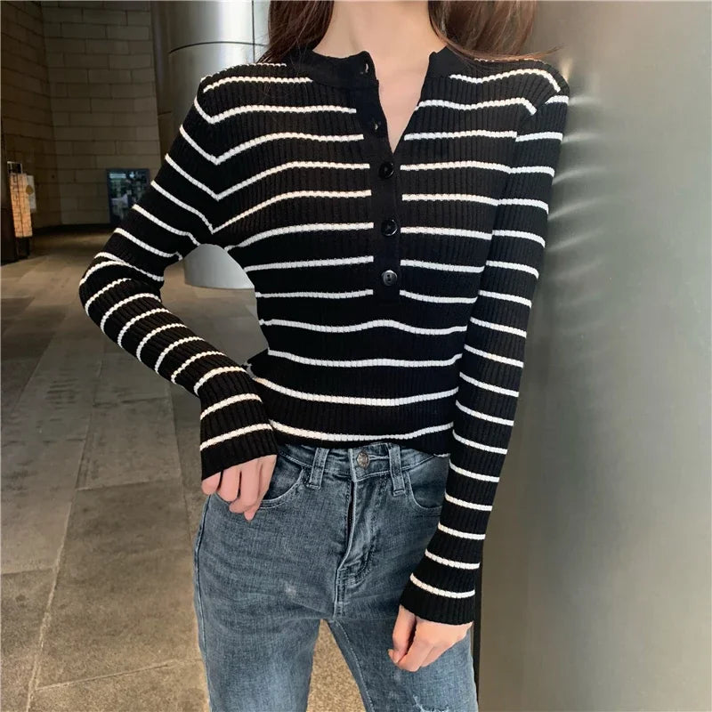 ITOOLIN Women Stripes O-neck Buttoned Up Sweaters Long Sleeve Knitted Sweater Slim Women Jumpers Tops Autumn Winter One Size