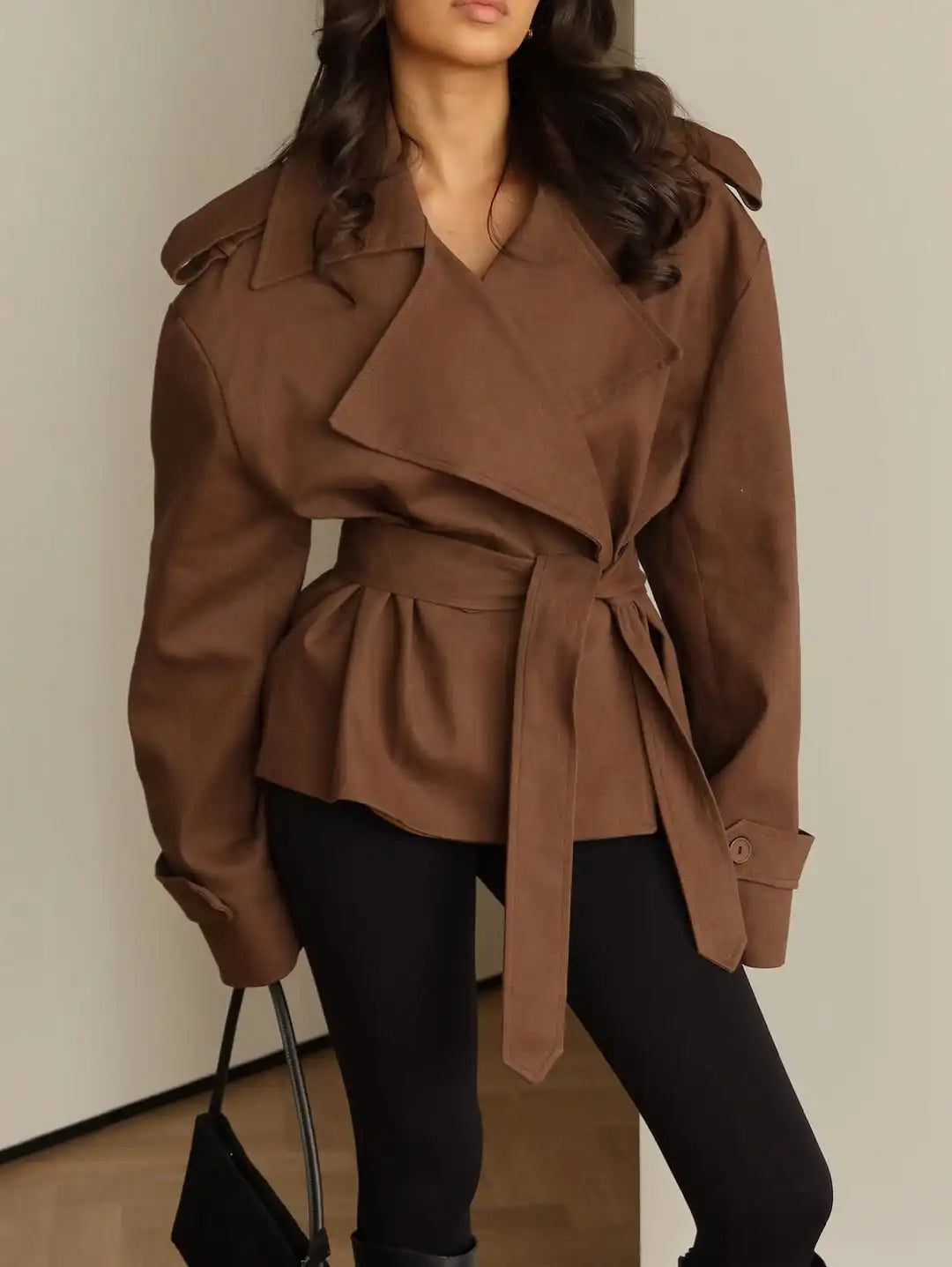 Lace Up Cropped Trench Coat Fashion Women Lapel Long Sleeves Wide Shoulder Windbreaker Jacket Lady 2026 Spring Commuting Outwear