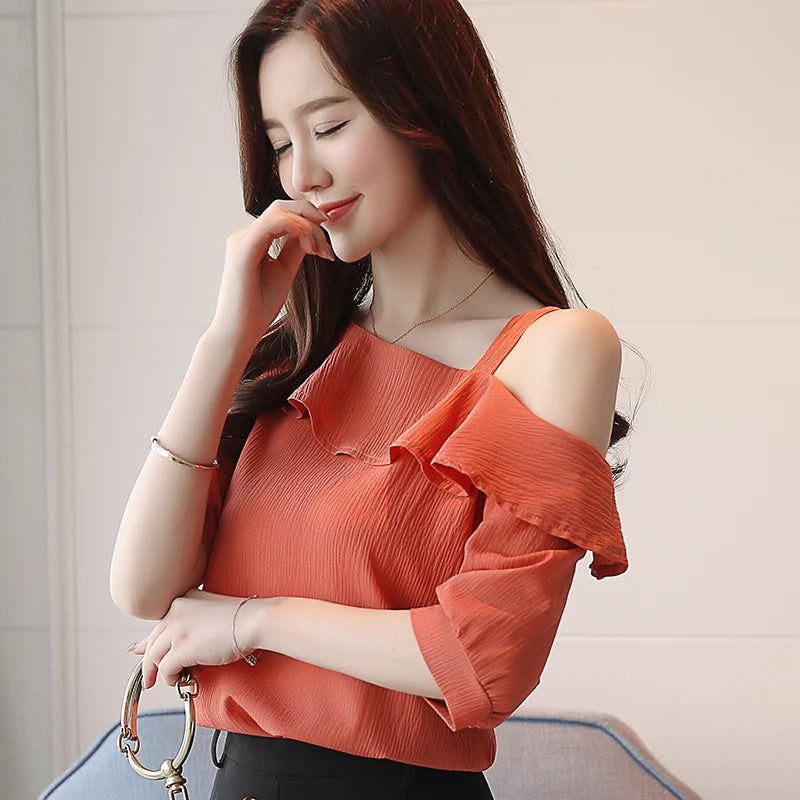 Women's One Shoulder Ruffles Chiffon Blouse Shirt Short Sleeve Pullover Acetate