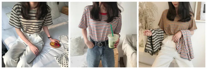 MRMT 2026 Brand New Women's Striped t-Shirts Contrast Color Striped Women t Shirt Loose Woman Bottoming Shirts Tops Tees