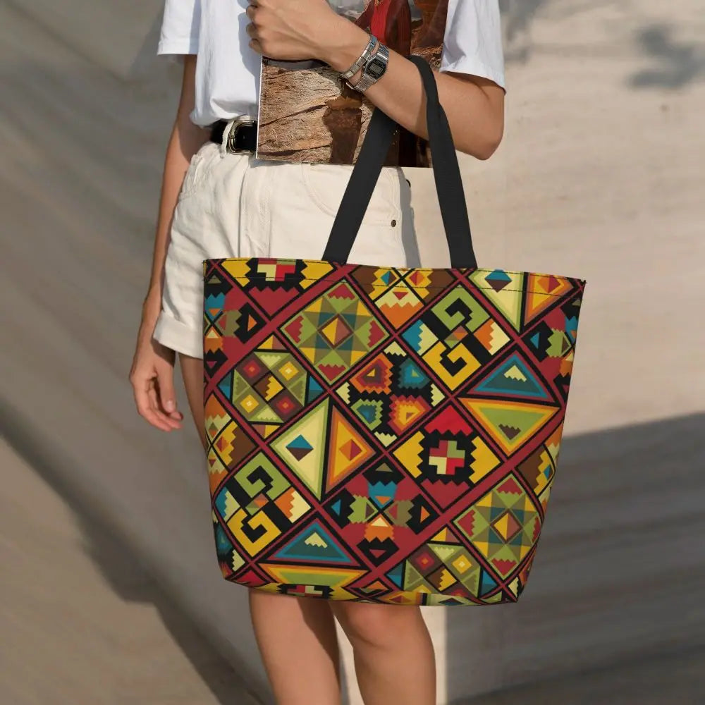 African Ankara Prints Grocery Shopping Tote Bags Women Geometric Ethnic Art Canvas Shoulder Shopper Bags Big Capacity Handbag