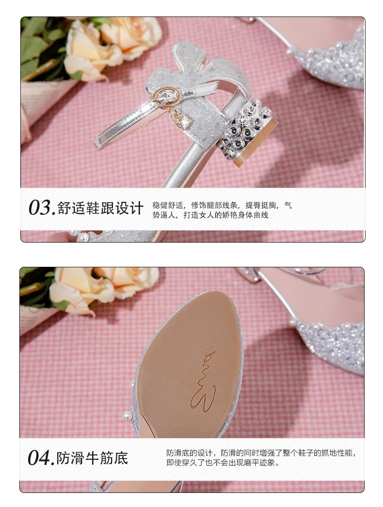 Princess Kids Leather Shoes Girls Sandal Sweet Pearl Casual Glitter Children High Heels Girls Party Dance Shoes Pink Gold Silver