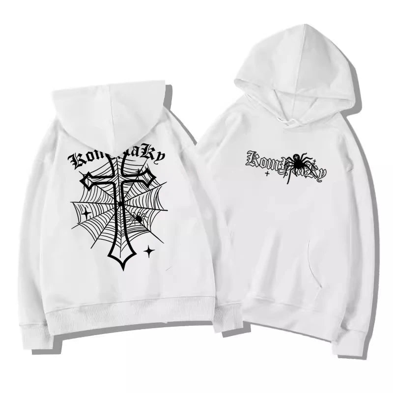European American High Street Spider Cross Autumn Winter Fleece Warm Hooded Sweatshirt Casual Adult Men Versatile Soft Daily Use BAZAARHUBO