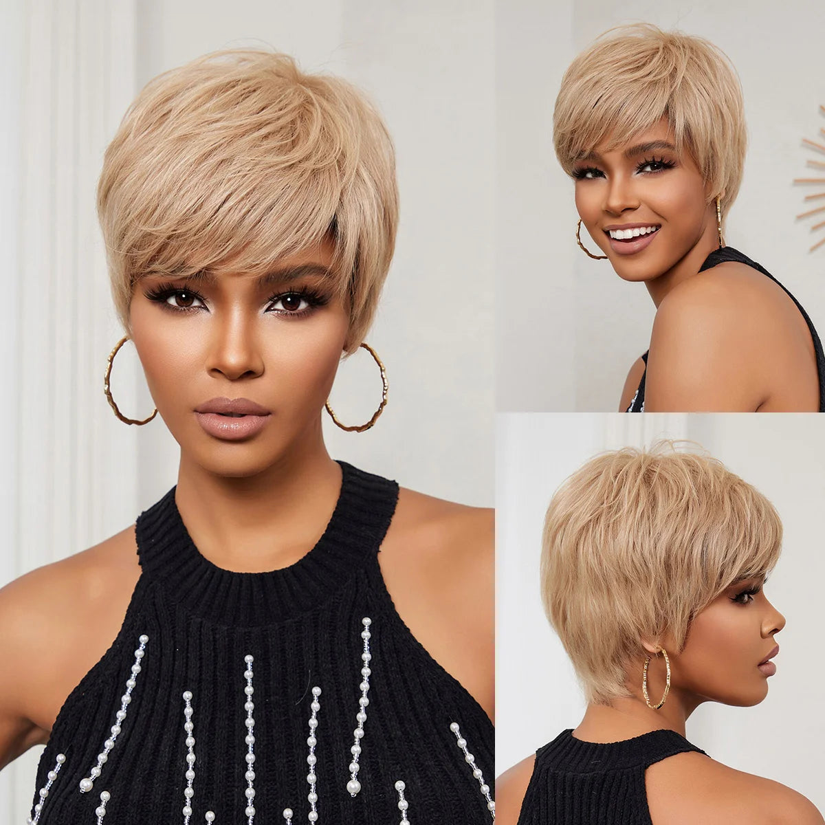Blonde Human Hair Wigs Dark Root Short Pixie Cut Bob Wigs Machine Made Remy Human Hair Wig for White Women Daily Heat Resistant