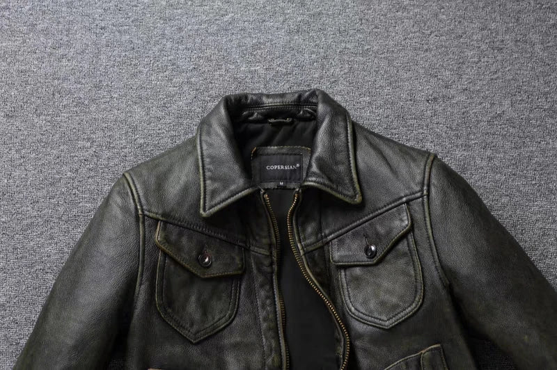 American Leather Jacket Men's Motorcycle Jacket Retro Distressed Graphite Olive Green Slim Lapel Jacket New Style