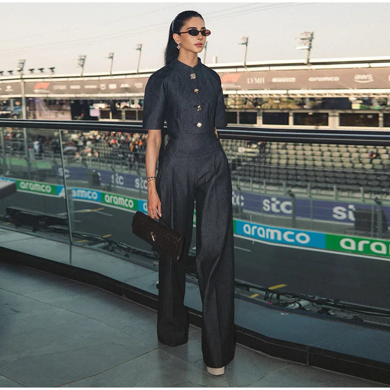Women Denim Coat Pants Set Middle Sleeve Single Breasted Top Jackets High Waist Leg Loose Trouser Suit Lady Elegant Chic Sets