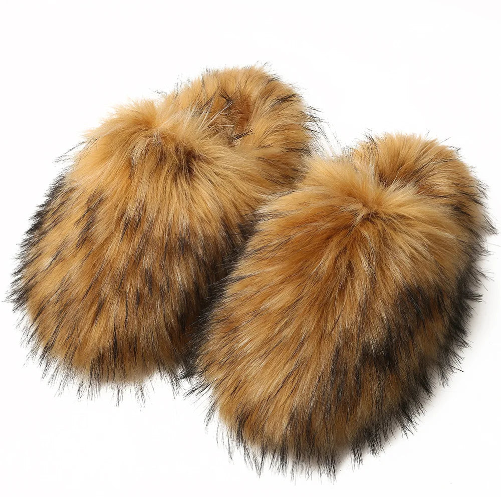 Ladies Winter High Quality Fox Fur Slippers Women Warm Fur Slides Girls Luxury Furry Slippers Soft Comfortable Home Cotton Shoes