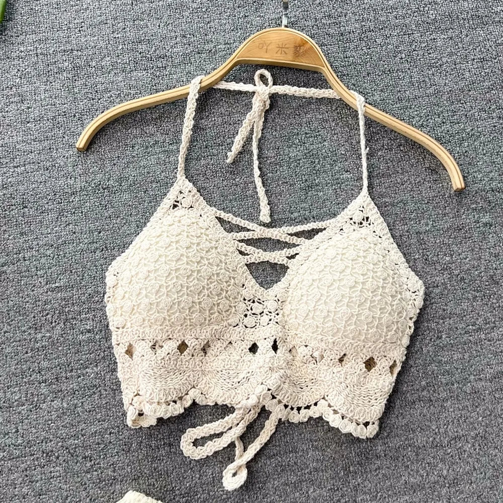 SINGREINY Knit Two Piece Sets Women Summer Vacation Backless Camisole Elastic Waist Shorts Hollow Out Y2K Beach Style Suits