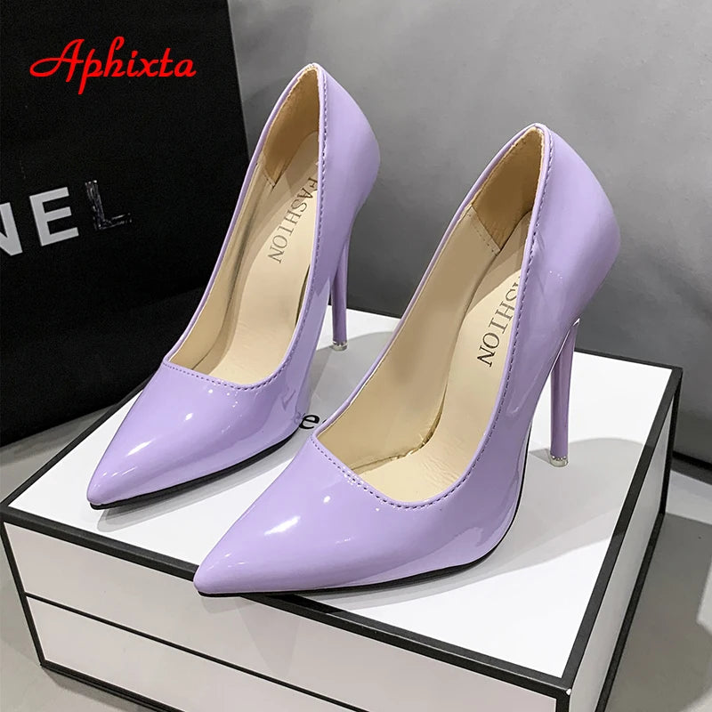 Aphixta New 4.72Inch Super High Stiletto Heels Patent Leather Women Pumps Colorful Officia Pointed Toe Shoes Plus Big Size 49 50