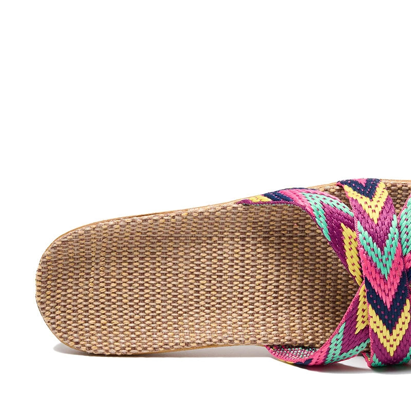 Summer Women Linen Slippers Home Ladies Lightweight Indoor Anti Slip Shoes Thick Sole Beach Slides Bohemian Style