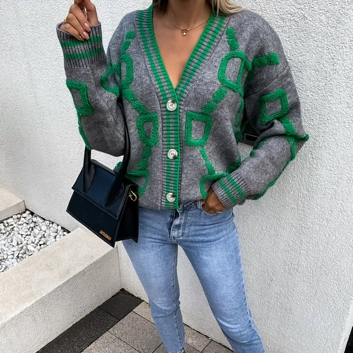 Autumn Winter Jacquard Knitted Coat Women Fashion V-neck Long Sleeve Single Breasted Knitting Cardigan Coats Female Streetwear