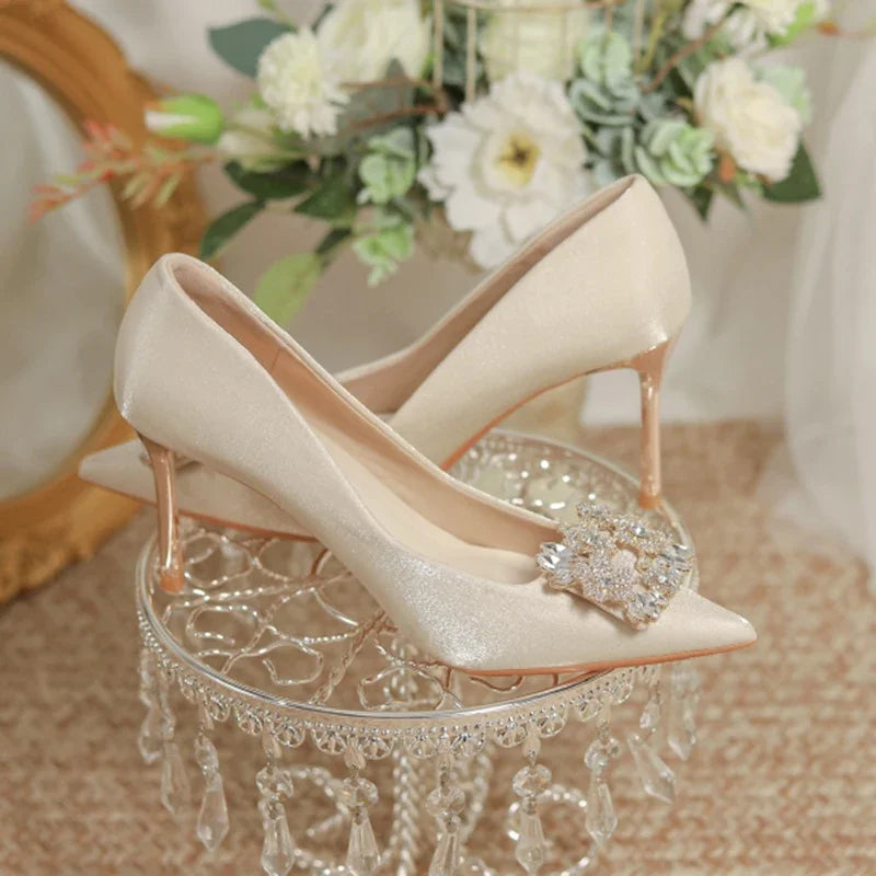 Women's Crystal Square Buckle High Heels Pumps 2024 Elegant Silk Thin Heeled Wedding Shoes Woman Slip On Pointed Toe Dress Shoes