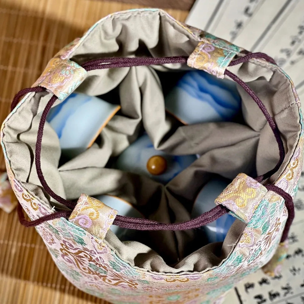 Chinese Style Tea Set Organizer Bag Embroidered Breakage-proof Teacup Drawstring Cloth Pouch Tea Ceremony Accessories