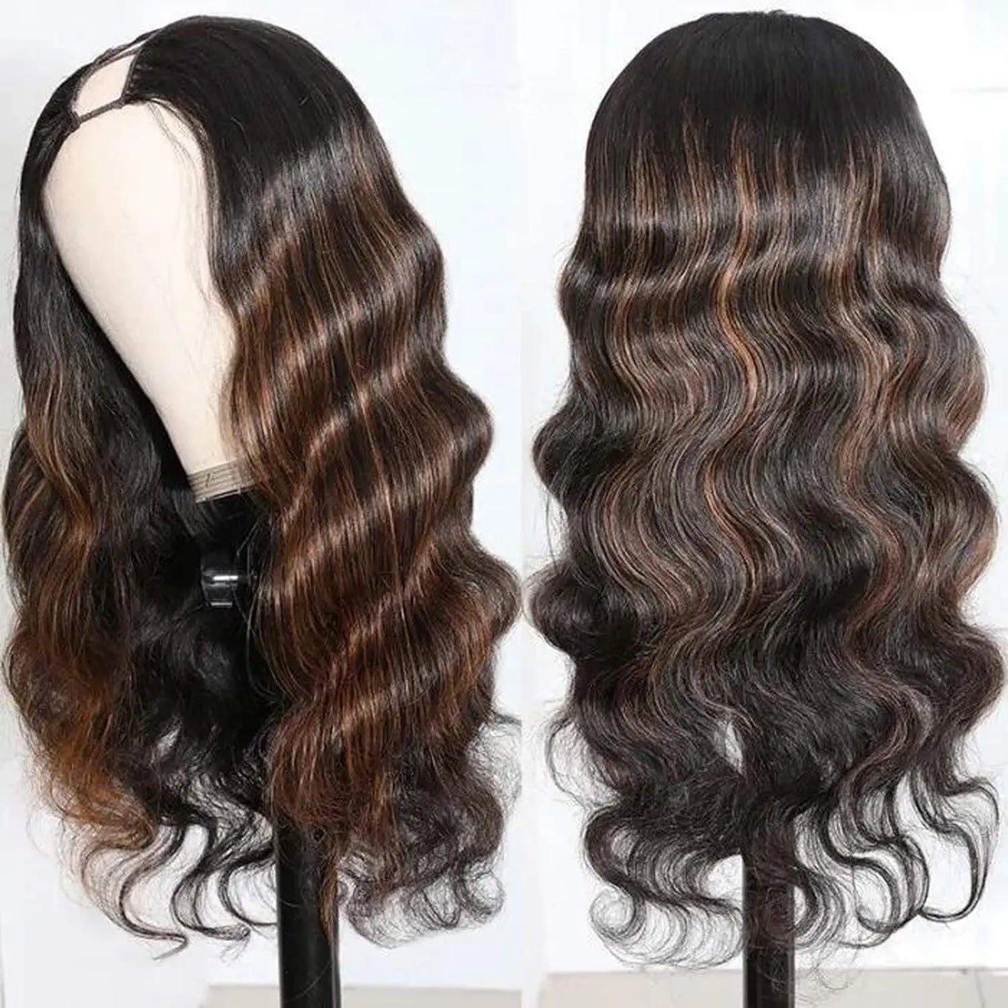 Ombre V Part Wig Human Hair Body Wave Upgrade U Part Human Hair Wig With Clips Black Wigs For Women 230% Density No Leave Out
