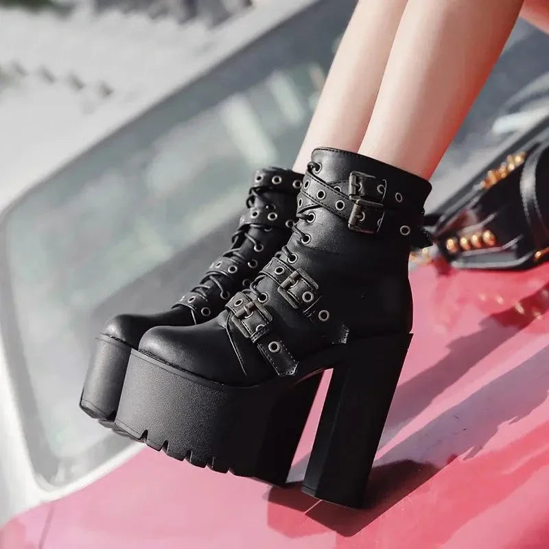 Zip Up Platform Ankle Boots High Heels Round Head Black Leather Goth Studded New Rock Combat Punk Women Shoes On Offer