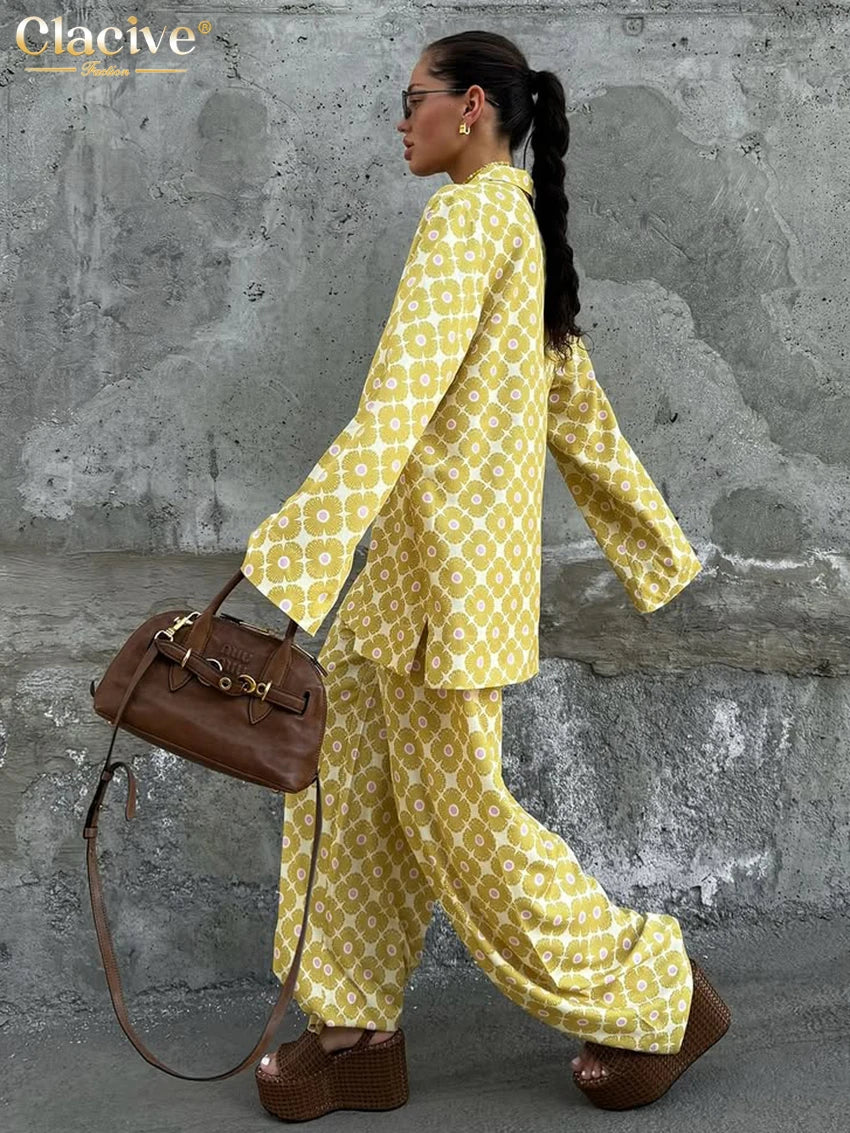 Clacive Fashion Loose Print Women's Two Pieces Set Elegant Long Sleeve Blouse With High Waist Wide Pants Set Female Streetwear