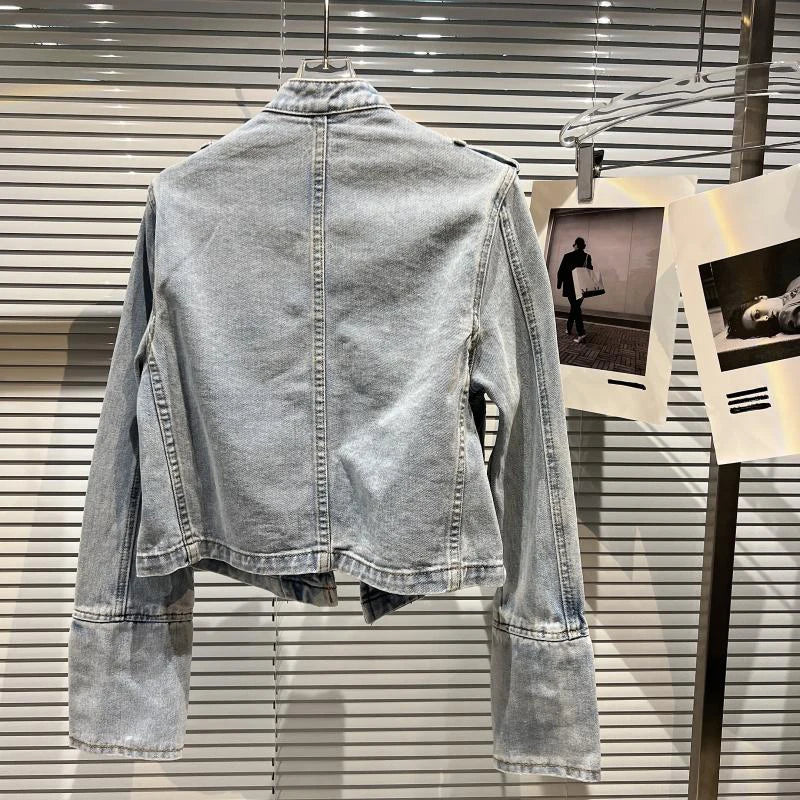 2026 Autumn New Fashion Metal Buckle Design Shoulder Strap Denim Short Jacket For Women High Street Coat Female