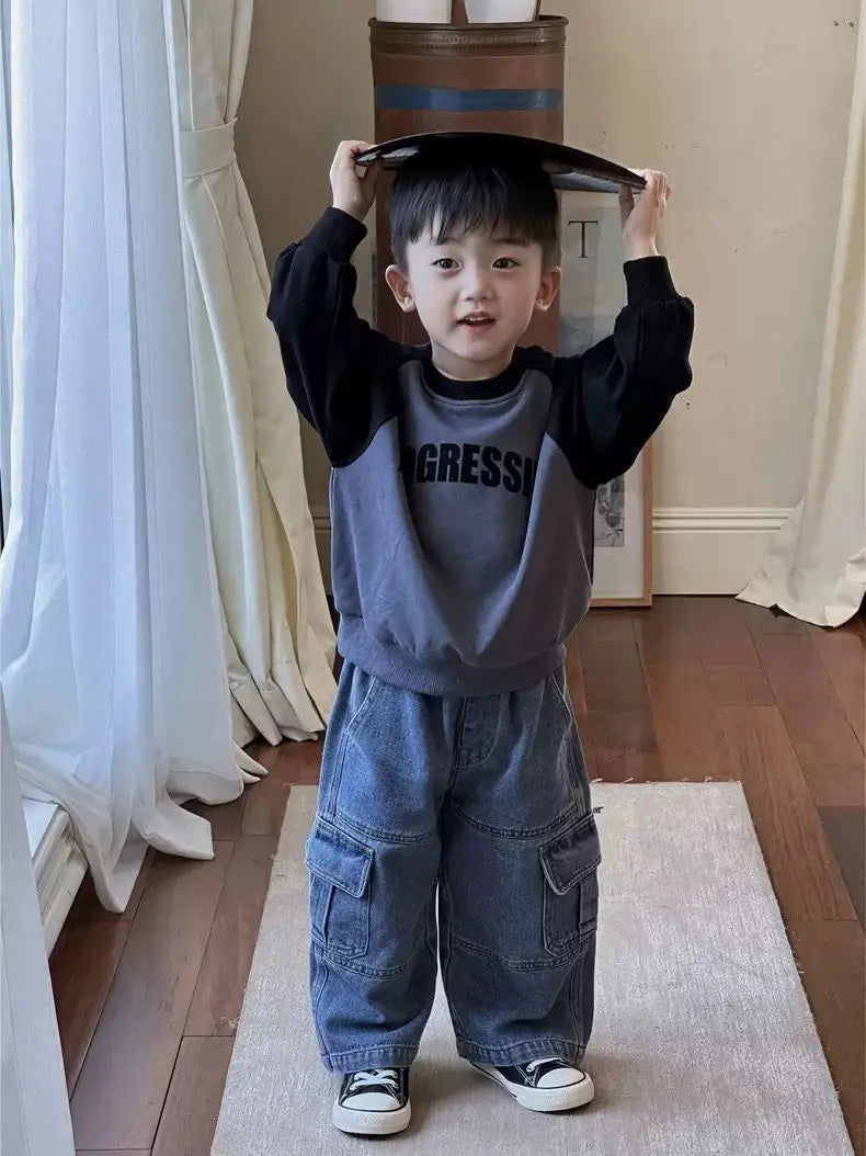 Boys Jeans Korean Style All-match Loose Cargo Pants Kids Fashion Brand Mid-small Children Autumn Casual Straight Pants Spring