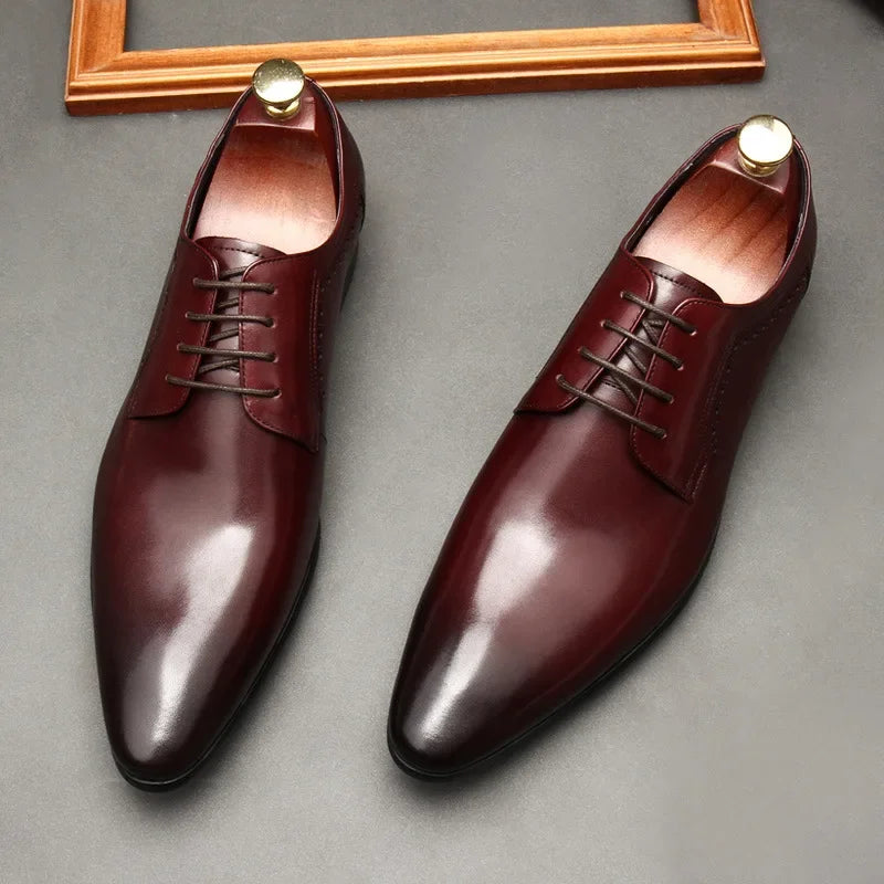Leather shoes for men, lace up shoes for men, pointy, leather, high-end wedding, dress, Oxford, Lefu shoes, large, British style