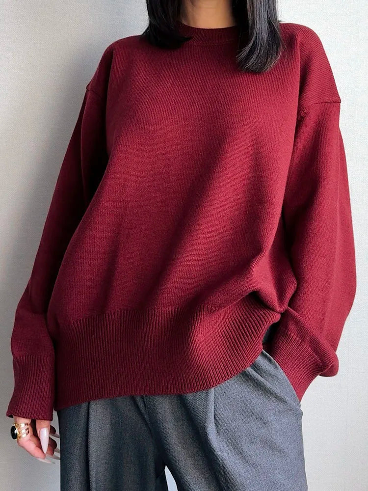 Oversize Burgundy Womens O Neck Knitwear Sweater Warm Winter Pullover