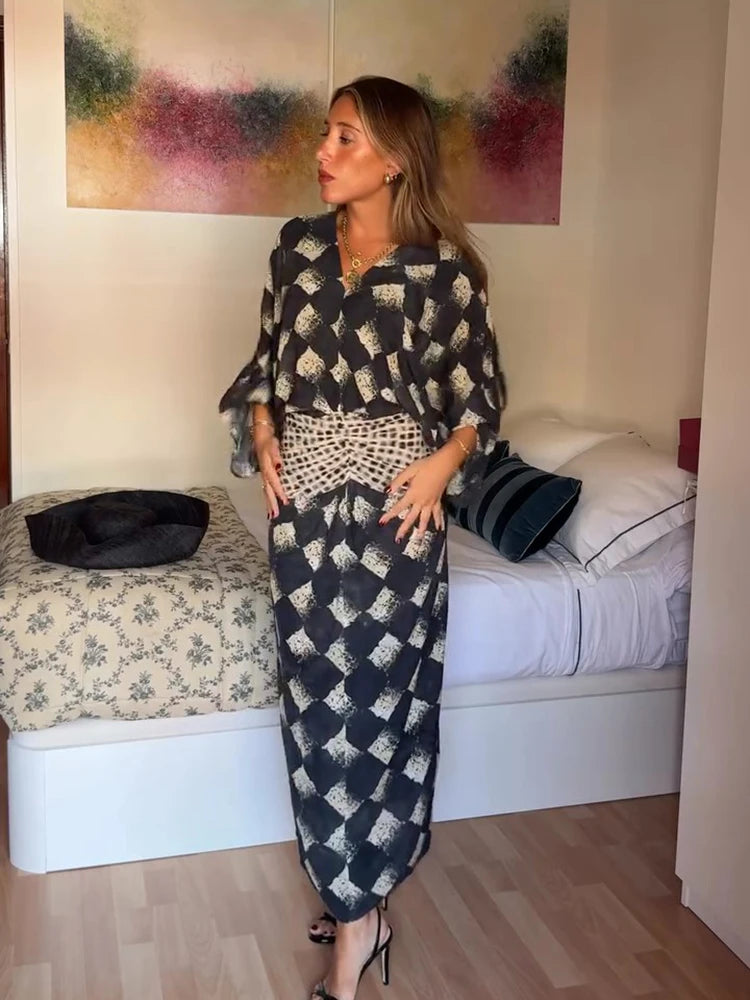 Elegant Plaid Printed Women's Dress V-neck Batwing Sleeve Waist Cinching Long Dress 2026 Spring Summer Casual Holiday Lady Robes