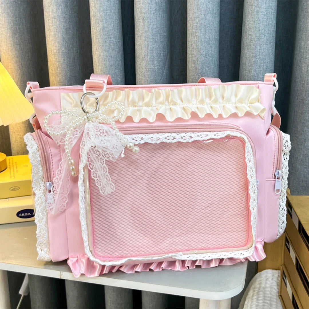 Sweet Lolita Single Shoulder Crossbody Bag Transparent Window Lace Ruffles Anime Badge Display Bag for Women