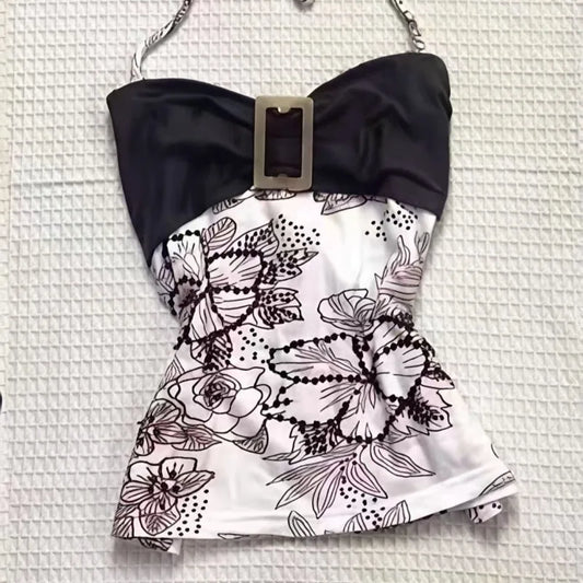 Retro Halter Top American Punk Hottie Halter Vest Harajuku Aesthetic Print Camisole Summer Splicing Design Tees Street Clothing