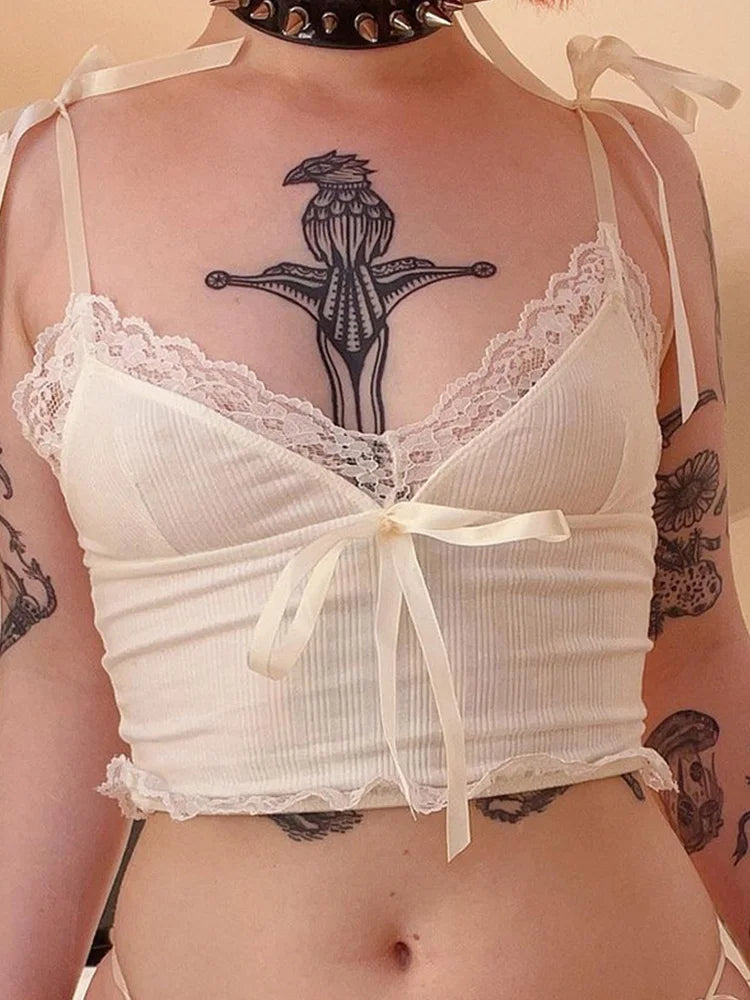 Lace Trim Backless Crop Top White Bow Knit Vest For Women Summer Beach Tee