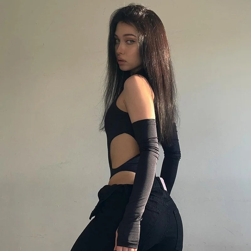 American-style ins sexy hot girl top, hollow-out design, tight-fitting T-shirt, solid color, high-neck long-sleeve bodysuit