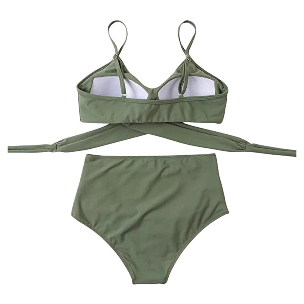 Hot 12 Colors Women Slim Bikini Sets High Waisted Sexy Swimwear 2 Pieces 2025 Solid/Floral Ruched Brazilian Swimsuit Cross Front
