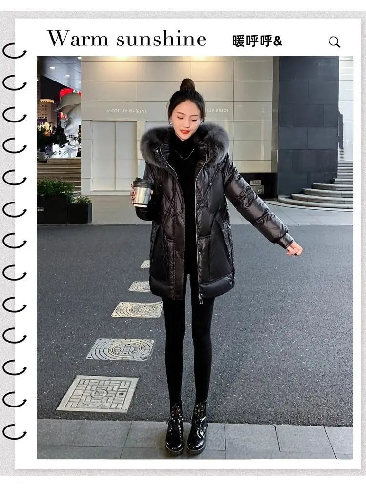 Black Down cotton Jacket Women's 2025 New Korean version Thick fur collar Loose Wash free Winter Coat Female Warm Parka Overcoat