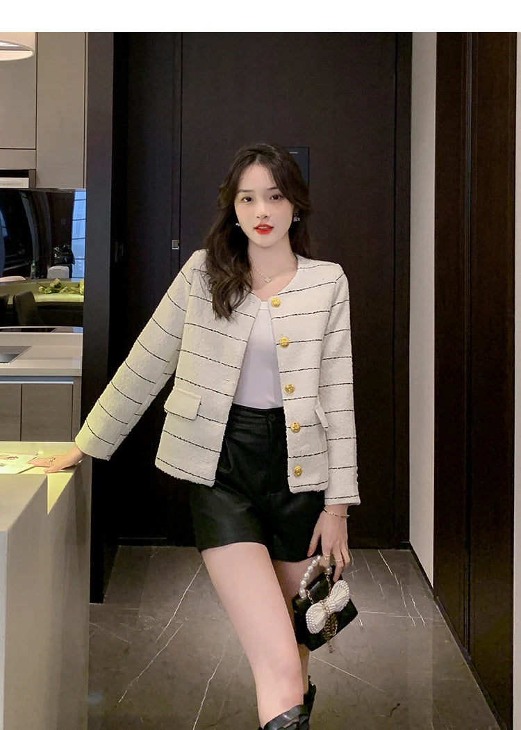 Korean Fashion Casual Small Fragrance Tweed Jacket Coat Women Fall Winter Fried Street Striped Coat Casaco Woolen Outwear Top