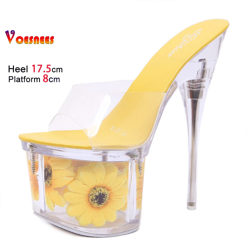 Crystal Transparent Shoes Women 17.5CM Super High Heels Plus Size Nightclub Sandals Clear Thin Heeled Fashion Female Slippers